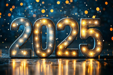 bright and festive display of year 2025 with glowing lights and bokeh background, perfect for celebr