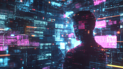 Aufkleber - Software engineer analyzing big data on futuristic digital screen: exploring artificial intelligence and machine learning concepts