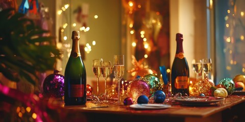 Party table adorned with shimmering streamers, champagne bottles, and festive decor