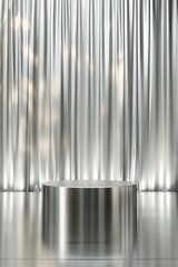 Poster - Modern Metallic Display Stage with Shiny Silver Curtains and Subtle Lighting Effects for Product Showcases and Event Presentations