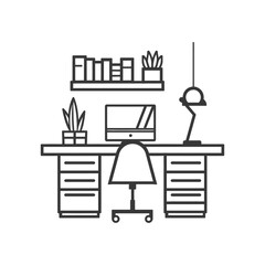 Poster - line drawing of a home office desk with a computer chair lamp and plants