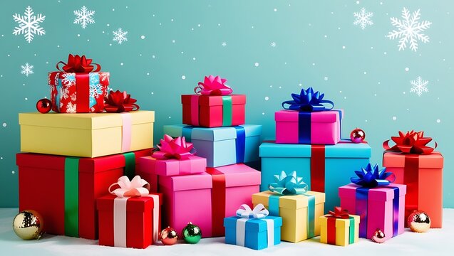 Christmas and happy new year sale baner, snowflakes and gift boxes, bright colors, 3D illustration.