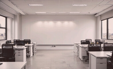 Poster - Large open office space with a white board on the wall. There are several desks with chairs and a computer on each desk