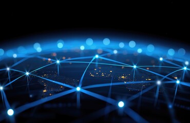 Poster - A digital network visualization with blue nodes and lines, depicting connectivity and global communication over a dark background.