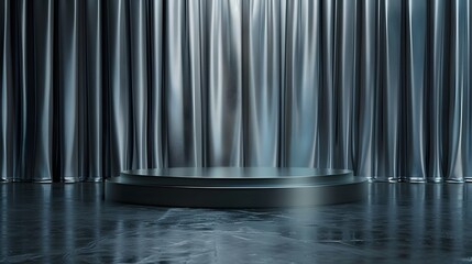 Poster - Elegant Stage with Shiny Silver Curtains and Circular Platform for Presentations, Performances, Events or Awards Show, Spotlighting Creative Design and Dramatic Atmosphere