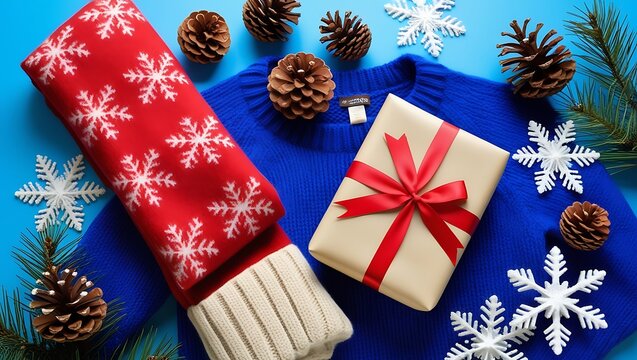 Christmas and happy new year sale baner, snowflakes and gift boxes, bright colors, 3D illustration.
