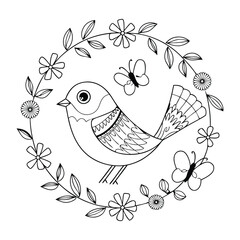  A Floral bird line art mandala on white background
