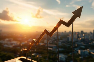 Poster - a rising arrow graph symbolizes growth against a vibrant sunset backdrop, representing success and u