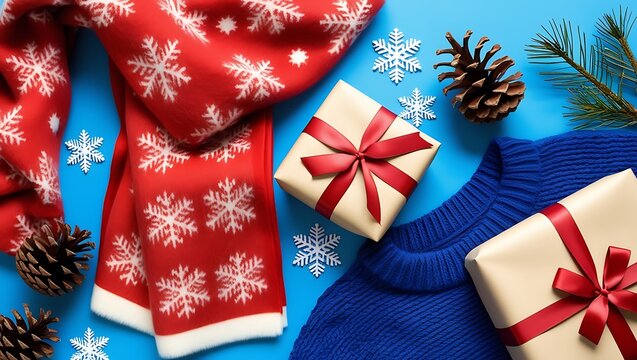 Christmas and happy new year sale baner, snowflakes and gift boxes, bright colors, 3D illustration.