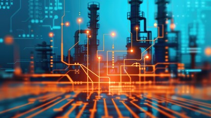 Poster - A futuristic depiction of industrial machinery, illuminated with digital circuitry, symbolizing the integration of technology in manufacturing processes.