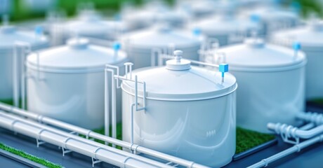 Poster - A cluster of large white storage tanks with pipes, typically used in industrial settings for liquid containment and processing.