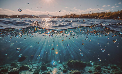 Poster - Body of water with a lot of bubbles. The bubbles are in the water and the sun is shining on them