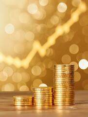 Poster - A stack of golden coins with a blurred background reflecting a rising trend, symbolizing wealth and financial growth.