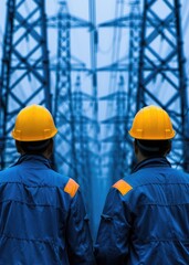 Poster - Two workers in yellow helmets face a network of tall power lines, emphasizing the importance of safety in electricity infrastructure.