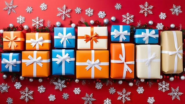 Christmas and happy new year sale baner, snowflakes and gift boxes, bright colors, 3D illustration.