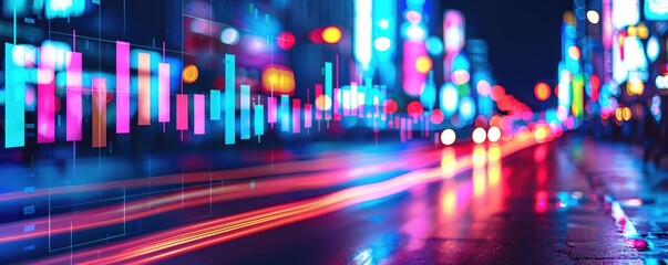 Poster - Neon Cityscape with Stock Market Data Overlay.