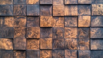 Poster - Detailed Close-Up of a Textured Wooden Wall Featuring Interlocking Cubes of Varying Shades, Ideal for Backgrounds, Design Projects, and Nature Themes
