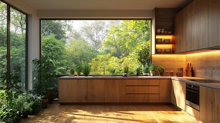 Wall Mural - Modern kitchen with large windows showcasing lush greenery and natural light during the afternoon