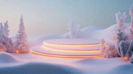 Poster - A serene winter landscape featuring illuminated steps amidst snowy trees and soft pastel skies.