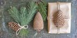 © Stockberry - Pinecone-adorned gift wrapping, featuring natural twine and evergreen sprigs, presenting an eco-friendly and festive presentation
