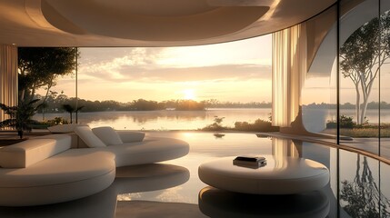 Wall Mural - Modern Lakeside Living Room Sunset View