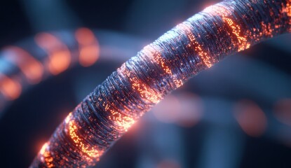 Poster - Intricate Close-Up View of a Futuristic, Glowing Fiber Optic Cable Surrounded by a Mysterious Abstract Background, Perfect for Technology and Innovation Themes