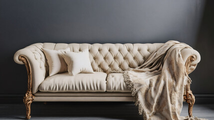 Aufkleber - Elegant touch: classic chesterfield sofa with a throw enhancing a modern interior design setting