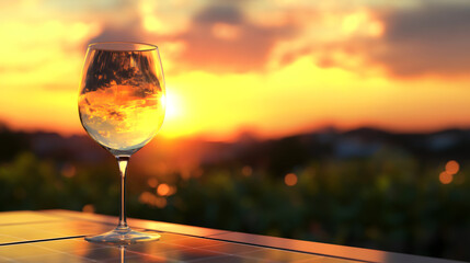 Poster - Wine glass reflecting the sunset sky on a table in a vineyard at dusk