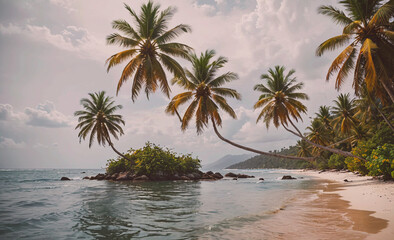 Aufkleber - Palm tree is standing on a small rock in the ocean, near the shore. The tree is surrounded by water, and its leaves are swaying in the breeze. The scene is peaceful and serene