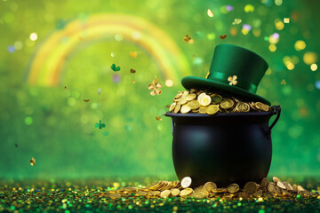 
traditional st patrick day cauldron full of golden coins, rainbow behind, green beer, leprechaun hat , blurred confetti flying around, isolated on a green background


