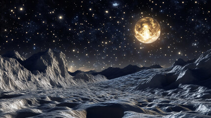 Aufkleber - Mountains of grey on a harsh exoplanet terrain beneath a golden giant and starry night sky