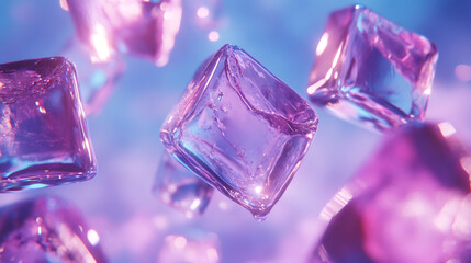 Poster - Vibrant and refreshing abstract background of ice cubes floating in neon purple and blue light
