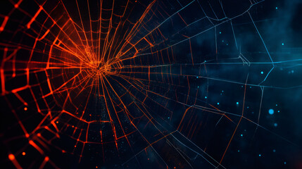 Poster - Abstract design of a spiderweb with broken center, glowing orange and blue lights, against a dark background