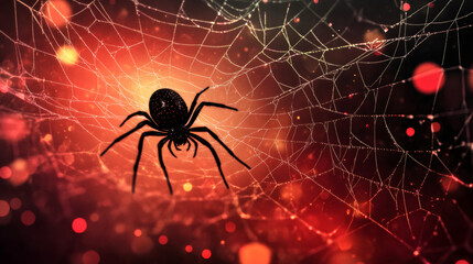 Poster - Creepy black spider on a web against a fiery red backdrop, ideal for halloween-themed projects