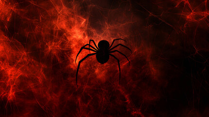 Poster - Spooky halloween atmosphere created by black spider crawling on glowing red spiderweb silhouette