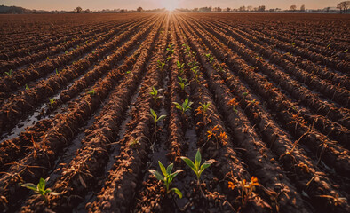 Poster - Field of crops with a sun shining on it. The sun is in the background. The field is full of plants