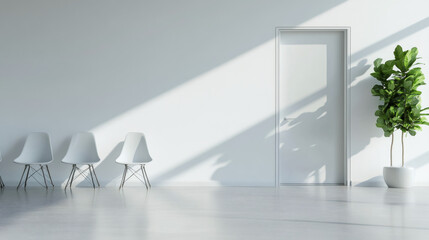 Poster - Contemporary waiting area with white chairs, a potted plant, and closed door bathed in sunlight, evoking a serene and minimalist ambiance