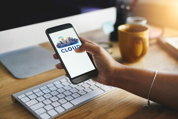 Poster - Business, hands and person with smartphone, screen and typing with cloud backup. Closeup, employee and consultant in office, cellphone and digital app for software storage and online protection