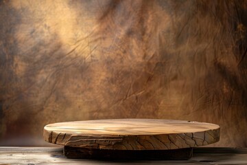 Poster - Rustic wooden round platform on a wooden table with a textured brown background, ideal for food photography, product display, or artistic presentations.