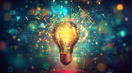 Aufkleber - Glowing light bulb illuminating futuristic technological connections, symbolizing innovation and creativity in the digital age