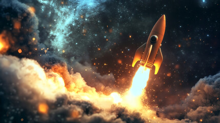 Aufkleber - Orange rocket launching into space with smoke, fire and sparks, on a starry night sky background