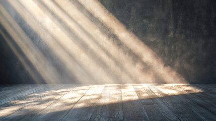 Canvas Print - Sunlight filtering through dusty air highlights wooden floor in vacant room with worn wall