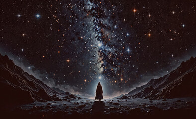 Poster - person stands in the middle of a starry sky. the sky is filled with stars and the person is surround