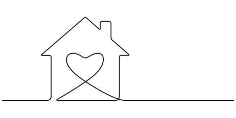 Heart inside house continuous one line drawn. Love home concept. Vector illustration isolated on white, Home Sweet Home Continuous Line Icon, Homeless Shelter, Sweet Home continuous line drawing.