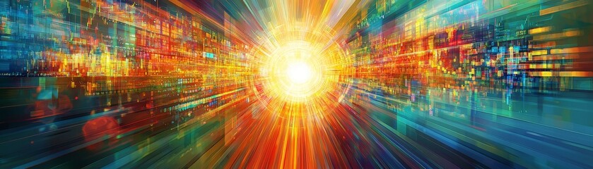 Poster - Dynamic burst of colorful light abstract digital realm artwork vibrant environment wide-angle view energy concept