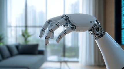 Aufkleber - A robotic hand reaches out in a contemporary living space, showcasing the intersection of artificial intelligence and real estate innovation. The room features large windows and minimalistic decor.