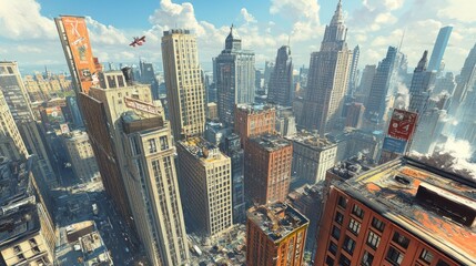 Poster - A Futuristic Cityscape Featuring Distressed Buildings and a Small Aircraft