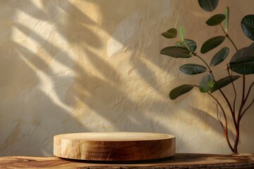Aufkleber - Elegant wooden platform with a beautiful plant and soft shadows on a textured wall, perfect for showcasing products or adding natural elements to any space