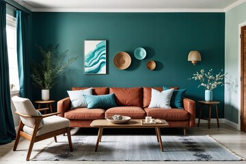 Wall Mural - Scandinavian Style Living Room with Terracotta Sofa Complementary Armchair and Turquoise Wall Decor