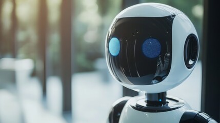 Aufkleber - A modern ai robot stands in a real estate office, showcasing advanced technology. The robot interacts with clients, providing information and assistance about property listings and market trends.